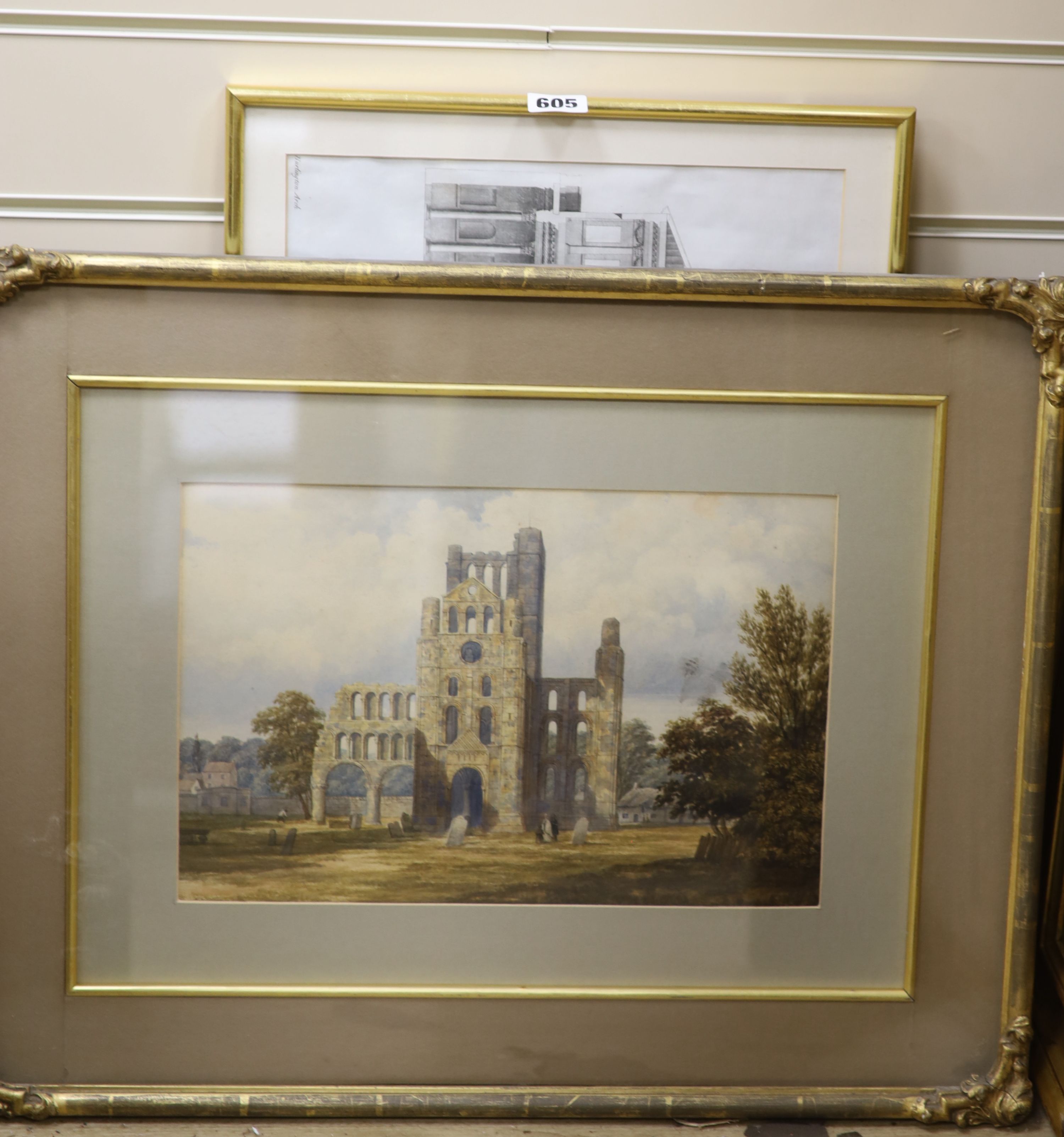 John Dobbin of Darlington (1815-1888), watercolour, Ruins of Kelso Abbey, inscribed verso, 23 x 35cm, an engraving of ruins and another entitled 'The Blessing'